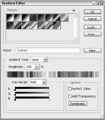 Use the Noise gradient option to create gradients like the ones you see in Figure 6.17.