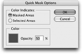 Double-click the Quick Mask mode icon to access the Quick Mask Options dialog box. You then can change the color and opacity of the protected or selected areas when viewed in the Quick Mask mode.