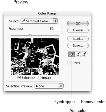 The Color Range dialog box enables you to generate a mask by clicking and dragging with the Eyedropper tool and adjusting the Fuzziness value.