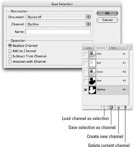 The Save Selection dialog box enables you to convert your selection outline to a mask and save it to a new or existing channel.