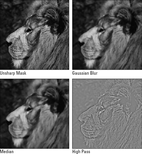 Four corrective filters, including one each from the Sharpen, Blur, Other, and Noise submenus. Clockwise from upper left, they are Unsharp Mask, Gaussian Blur, Median, and High Pass.