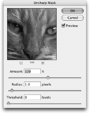 Despite any conclusions you may draw from its somewhat confusing name, the Unsharp Mask filter sharpens images according to your specifications in this dialog box.