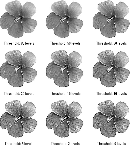 These images show the results of applying nine different Threshold values.