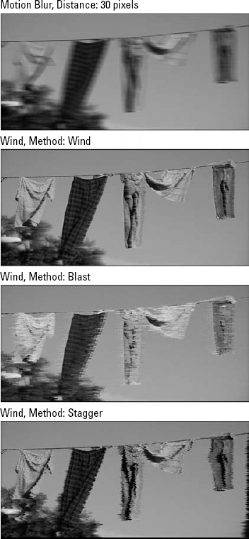 Here, you can see the difference between the effects of the Motion Blur filter (top) and the Wind filter (from top to bottom: Wind, Blast, and Stagger). In each case, From the Right was selected within the Direction section of the Wind filter dialog box.