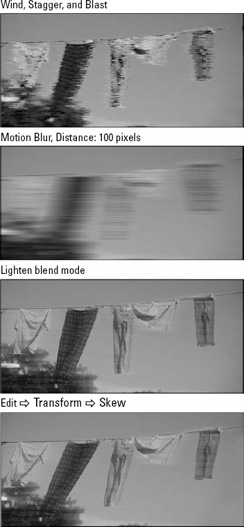 Here, we combined the Wind filter (top) with Motion Blur (second) and the Lighten blend mode (third).