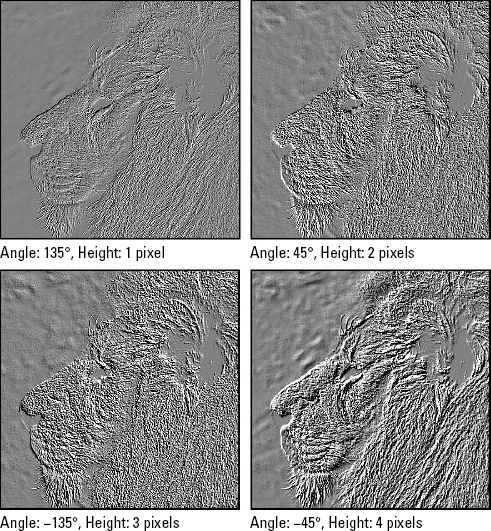 This relief demonstrates the effects of different Height and Angle settings. The Angles increment in multiples of 45 degrees — imagine a light source in the center, radiating out toward the four examples.