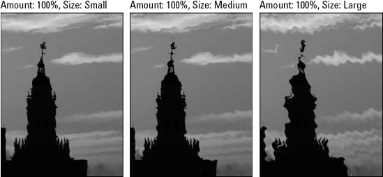 Here are the effects of the three different Ripple filter Size settings — Small (left), Medium (middle), and Large (right). In all three sections, an Amount of 300 percent was used.