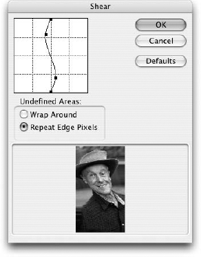 Click the grid line in the left corner of the Shear dialog box to add points to the line. Click and drag these points to distort the image along the curve.