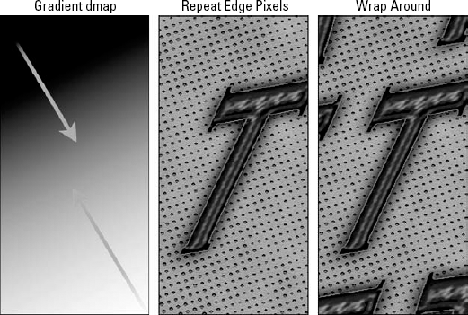 After creating a straightforward, single-channel gradient dmap (left), the Displace filter was applied using two different Undefined Areas settings, Repeat Edge Pixels (middle) and Wrap Around (right).