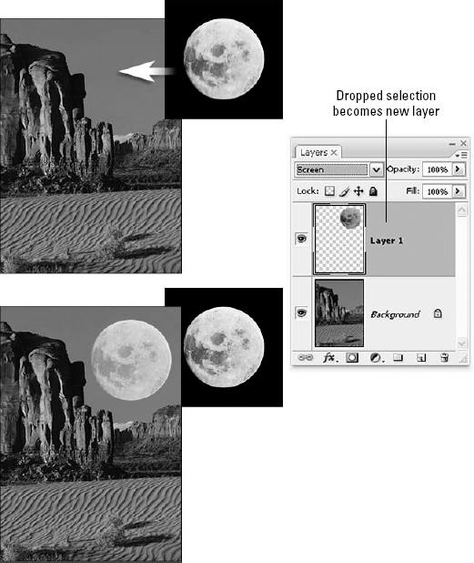 Ctrl-drag (-drag on the Mac) a selected portion of an image, and drop it into a different image window to introduce the selection as a new layer. As you can see in the Layers palette, the moon is being moved into place as a new layer in front of the original background image.