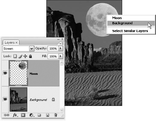 Right-click (Control-click on the Mac) with the Move tool in an image to view a pop-up menu. The menu lists all the layers in the image that contain pixel data on the spot where you clicked.