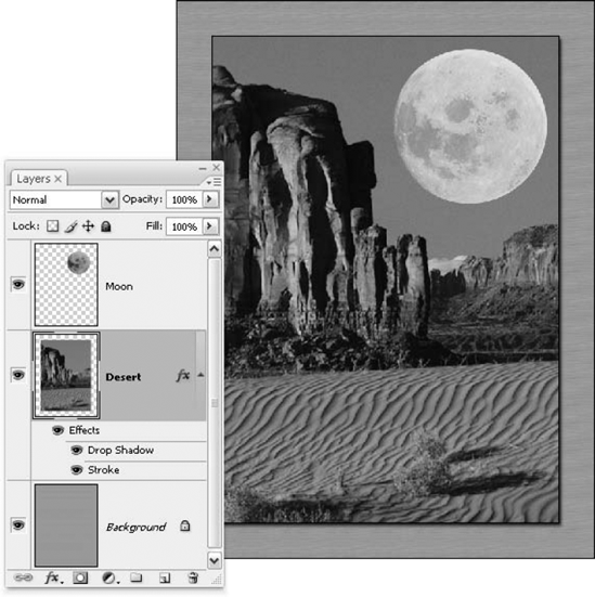 A new background layer is added below the main image layer (the former background) and a wood texture is added. Stroke and Drop Shadow layer styles were then added to the desert layer to give the composition a little false depth.