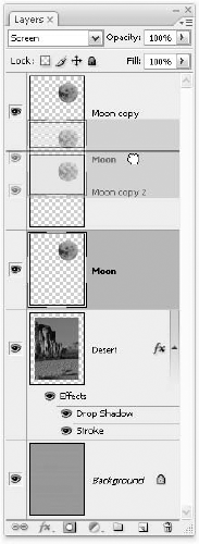 Here, one of the three layers containing versions of the moon is in transit, headed for the top of the stack. When restacking layers, consider not just their actual content, but any effects, such as blend modes or opacity, applied.
