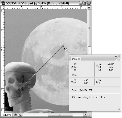 Here we have the distance from the center line of the skeleton to that of the moon and the 45-degree angle. The Info palette displays the data and serves as a guide as you drag; it updates as the Ruler tool's lines are drawn and adjusted.