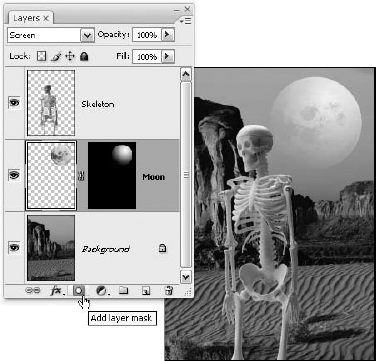 The layer mask thumbnail (to right of the moon's layer thumbnail) indicates the presence of a mask. The black areas in the mask translate to transparent pixels in the layer. The gradient to the moon selection makes it appear to fade out along its bottom-left side.