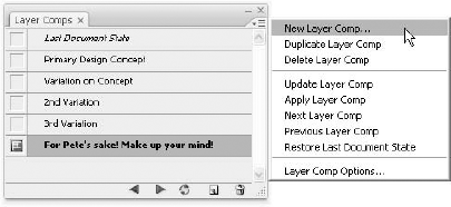 Nearly all the functions available to you in the Layer Comps palette menu can be accessed from icons in the palette.
