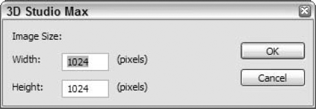 This figure shows an Image Size dialog box for importing an existing 3D image. Because we selected a .3ds file, the title bar for the dialog box repeats the type of content we're importing.