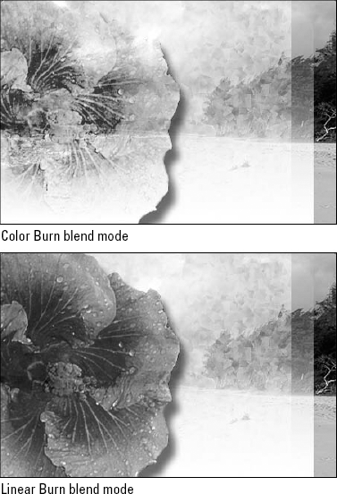 After applying the Screen blend mode to the confetti pattern and the gradient layers, Color Burn (top) and Linear Burn (bottom) blend modes are applied to the flower layer. For high-contrast stamping effects, these are the blend modes to use.