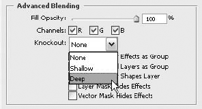 Selecting Shallow or Deep from the Knockout pop-up menu determines how deep a hole you're going to punch through the layers of your image.