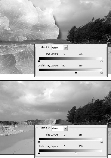 The top example has the blend mode set to Overlay, and the black slider has been cranked up to 150. The bottom example uses Vivid Light, with the white slider toned down to 150.