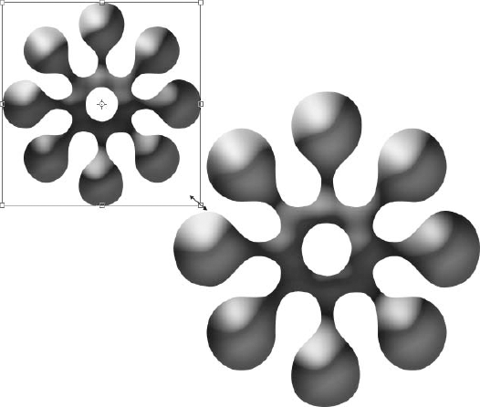 Resizing doesn't require the addition of pixels to make up the difference, so making a shape layer's content larger doesn't result in a choppy edge or a muddied fill. Compare the shape on the upper left (the small original shape) with its resized copy in the lower right.