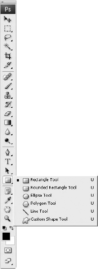 There are six — count 'em — six shape tools. Click the tiny triangle in the corner of the Rectangle tool to display them en masse, or press U or Shift+U to switch between tools.