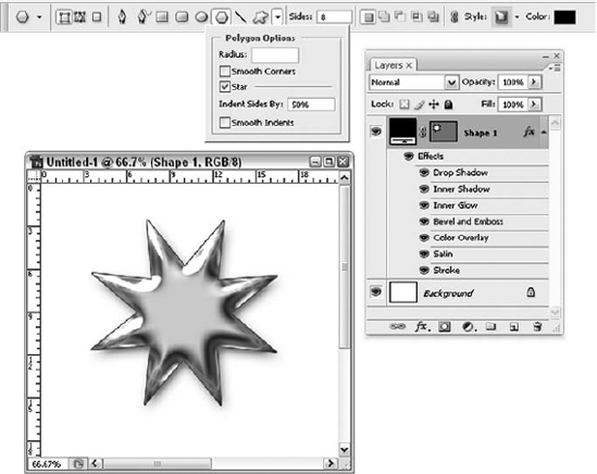 A shape layer is actually a vector mask that masks a color or other contents directly in Photoshop. Here you also see the polygon's options and the settings for drawing a star.