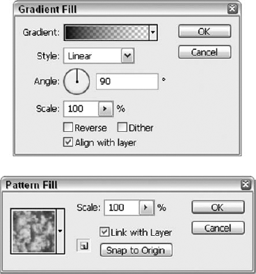 Gradients and patterns inside a shape layer are considered dynamic fills, which means you can edit them simply by double-clicking the layer contents thumbnail and editing the options shown here.