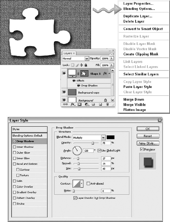 Select a layer (here a Shape layer — a puzzle piece), click the add layer style icon at the bottom of the Layers palette, and choose an effect from the menu shown at the top here. Then, as needed, adjust the settings in the very comprehensive Layer Style dialog box.