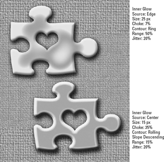 The two options — Edge and Center — for the Source setting in the Inner Glow panel are applied to these two shapes. A heart was cut out of each puzzle piece, to enhance the effect's visibility.