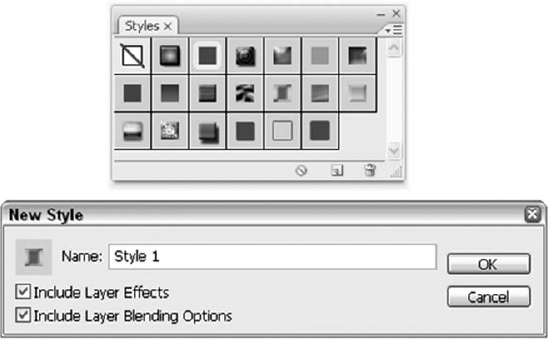 Click in the Styles palette (top) to display the New Style dialog box (bottom).