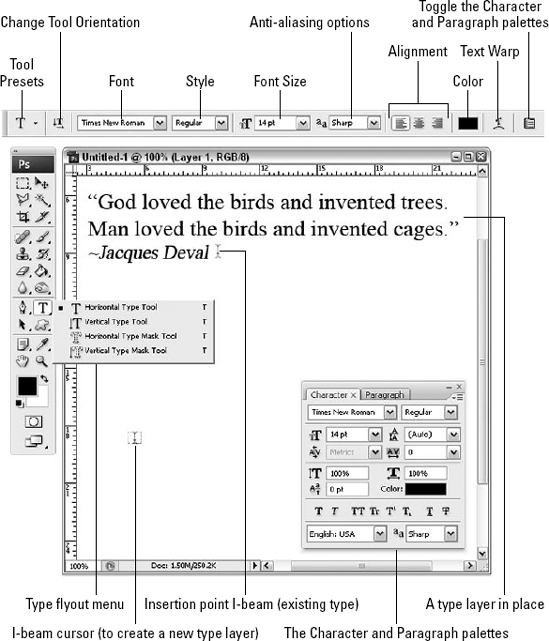 Choose Window Character or Window Paragraph to display the text palettes. The rest of the type tools and features appear automatically when you click to activate the Type tool.