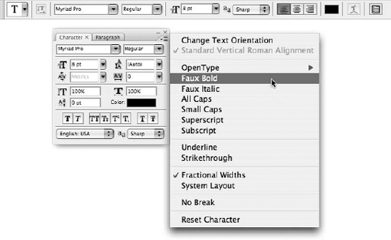 Photoshop provides many character-formatting controls in the Options bar and the Character palette, including increased support for OpenType features.