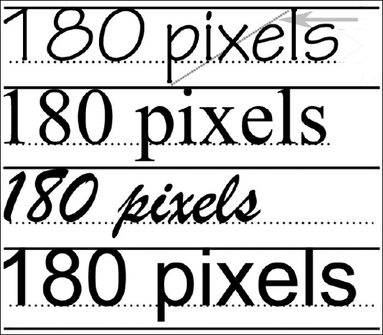 These four samples of 180-pixel type set inside 180-pixel boxes are, from top to bottom, Tekton, Times New Roman, Brush Script, and Arial. As you can see, type size is an art, not a science.