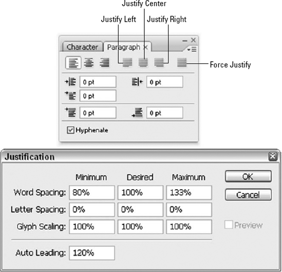 The Justification Options dialog box lets you control how Photoshop adjusts your paragraph text when you use the Justify tools in the Paragraph palette.