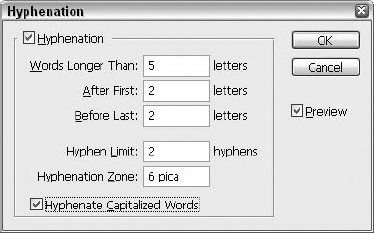 If you want to hyphenate text in a bounding box, set the hyphenation controls here.