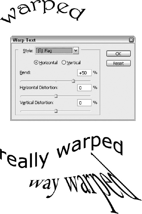 Use the controls in the Warp Text dialog box to bend, stretch, and curve type.