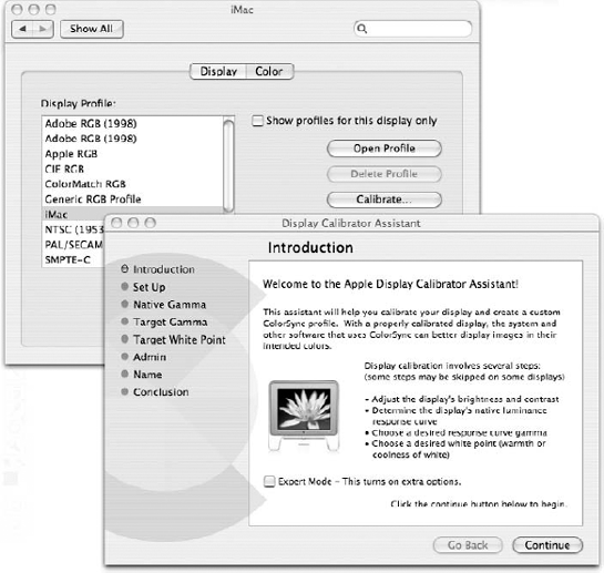 On the Mac, clicking the Calibrate button on the Color panel of the Displays system preferences launches the Display Calibrator Assistant.