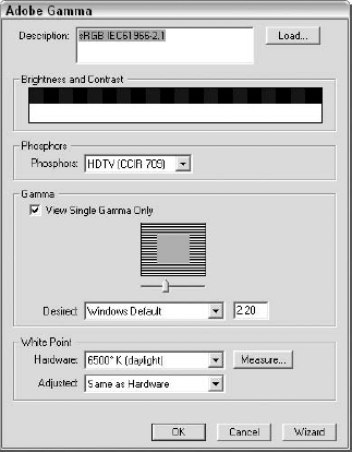 This Control Panel Adobe Gamma dialog box lets you set the Brightness and Contrast, Phosphors, Gamma, and White Point for your monitor.