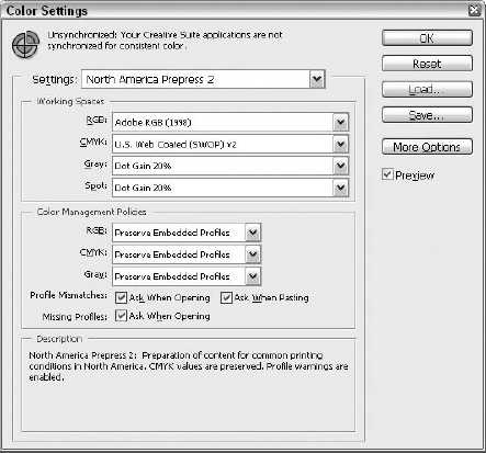 Select the North America Prepress 2 option to access the Adobe RGB (1998) color space, which affords a large theoretical RGB spectrum.