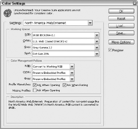 On the Windows side, select North America Web/Internet to set the working environment to sRGB. This forces Photoshop to make a conversion. The setting also may appear as Web Graphics Defaults.