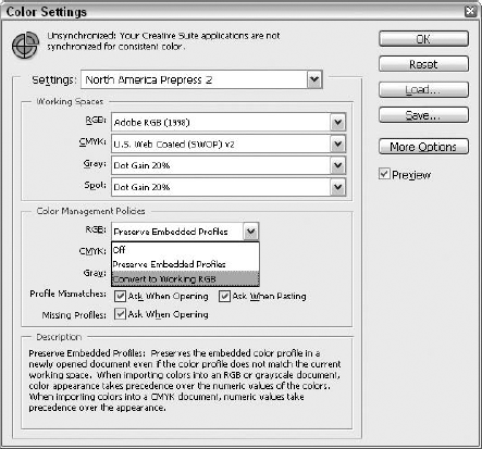 Set the first of the Color Management Policies to Convert to Working RGB to convert the image from the Adobe RGB working space to the sRGB space.