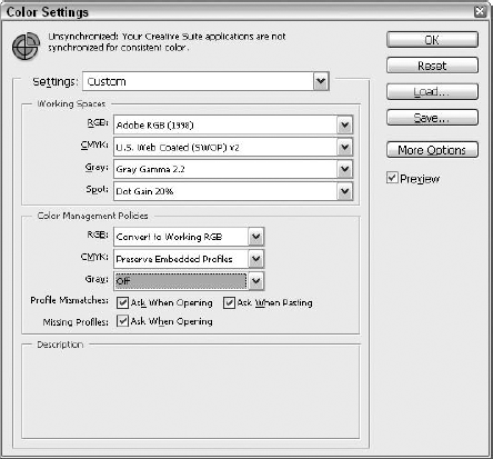 Here are the settings recommended for the five Color Management Policies options. They tell Photoshop to ask you when opening images with mismatches, but otherwise proceed automatically.