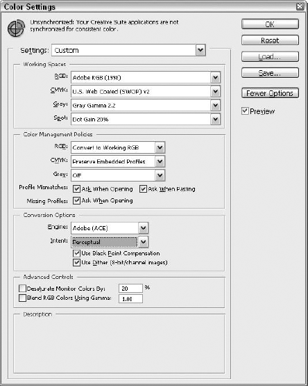 Click More Options to display the Conversion Options and Advanced Controls, as well as define your own CMYK working space. The button changes to Fewer Options, and that will seem like a good idea.