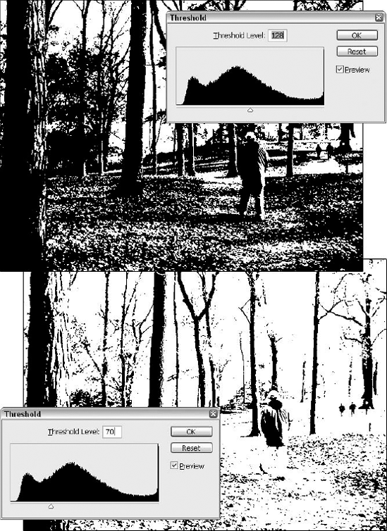 Use the histogram and your own eyes — trained on the preview — to determine when the Threshold command is delivering interesting or simply destructive results.