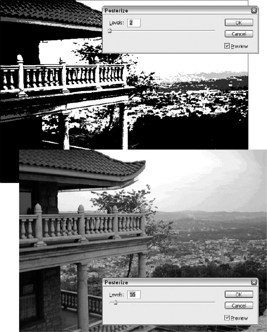 On the top, Posterize was applied at two levels. On the bottom, 16 levels were applied, which makes the image look almost "normal," like the original photo with millions of colors. Note that the sky is one of the giveaway areas: Bands of colors are visible there more than in the busier areas of the image.