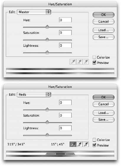 The Hue/Saturation dialog box as it appears when editing all colors in a layer (top) or just a specific range of colors (bottom)