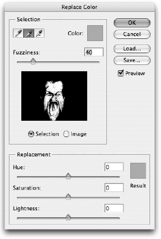 The Replace Color dialog box works like the Color Range dialog box described in Chapter 9, with the Hue/Saturation sliders thrown in.