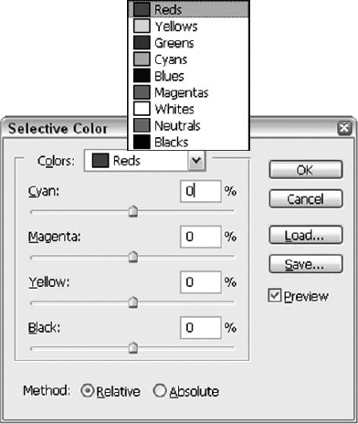 Select a predefined color from the Colors pop-up menu, and adjust the slider bars to change that color.