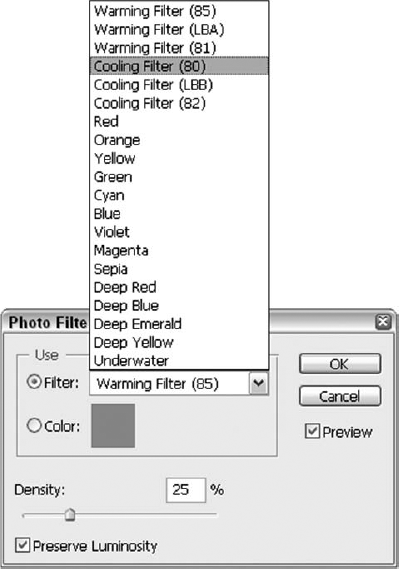 You can use Photoshop's Photo Filter dialog box to simulate various lens filters and correct the overall colorcasts of your images.